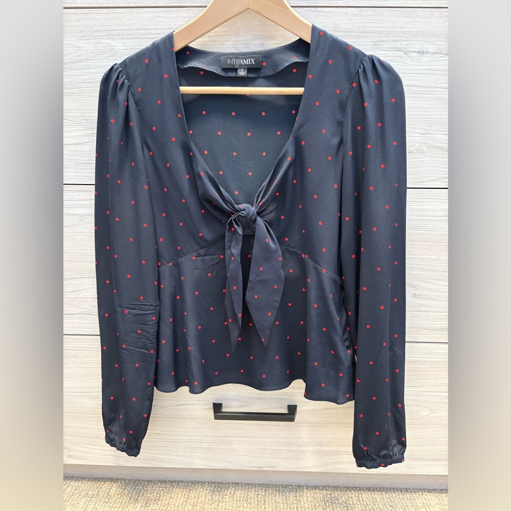 INTERMIX Navy Blue Blouse with Red Dots and Front Tie, Size 2